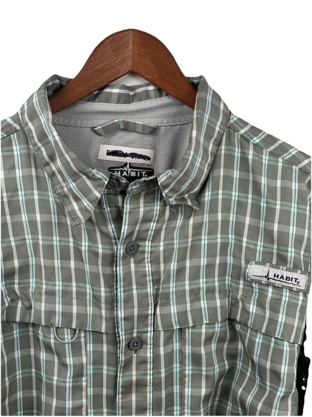 Habit Fishing Long Sleeve Vented Button Up Shirt Green Plaid Men Large polyester